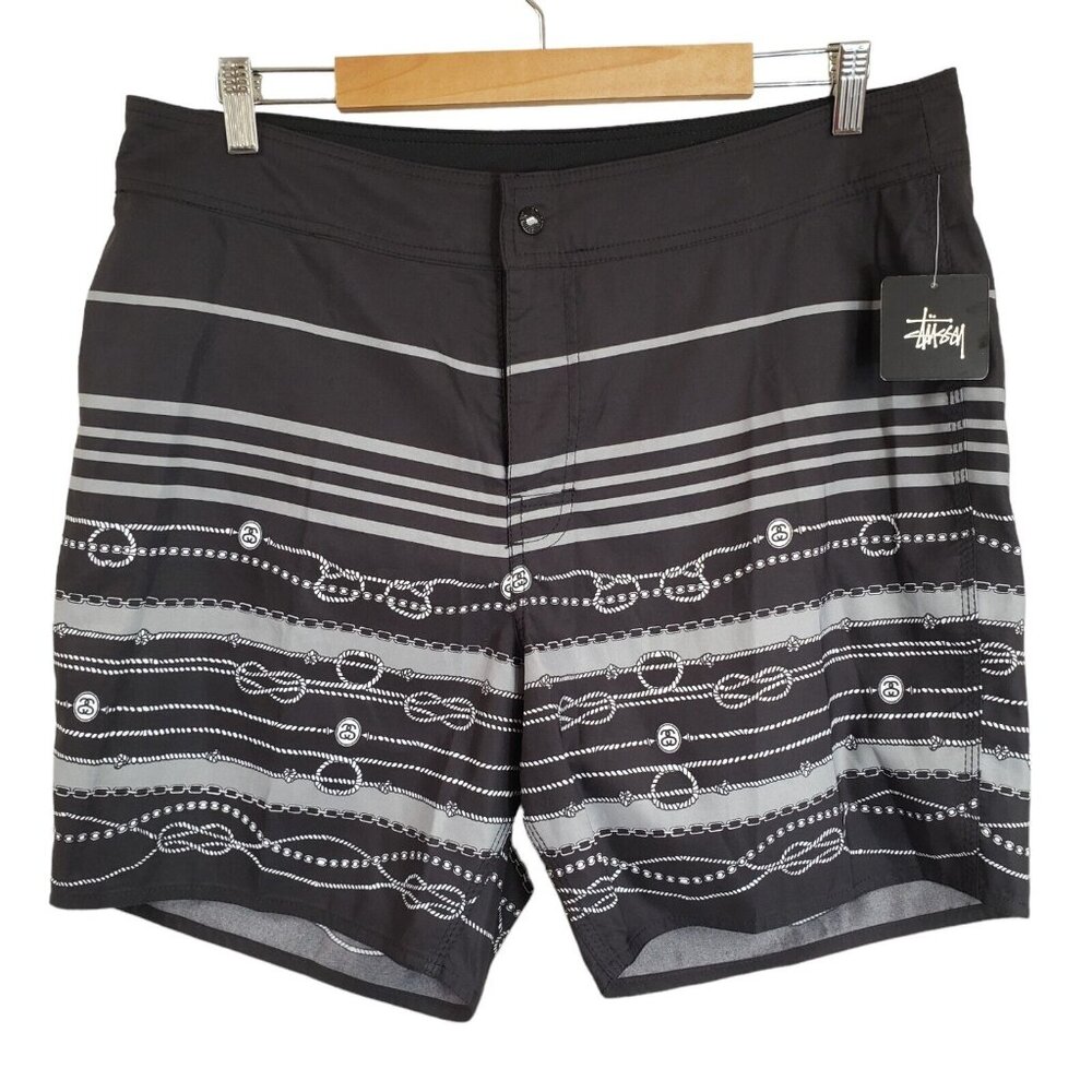 Stussy Men's Size XL 36 Black White Nautical Ropes Swim Trunks Unlined Grey Gray